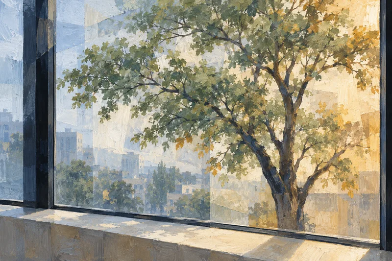 Oil painting of a living tree through an office window, with cool blue shadows giving way to warm afternoon light.