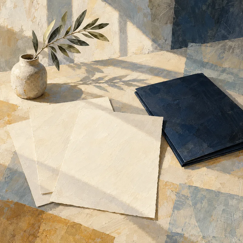 Painted still life of blank ivory papers, a midnight-blue folder, and an olive branch in a ceramic vessel.