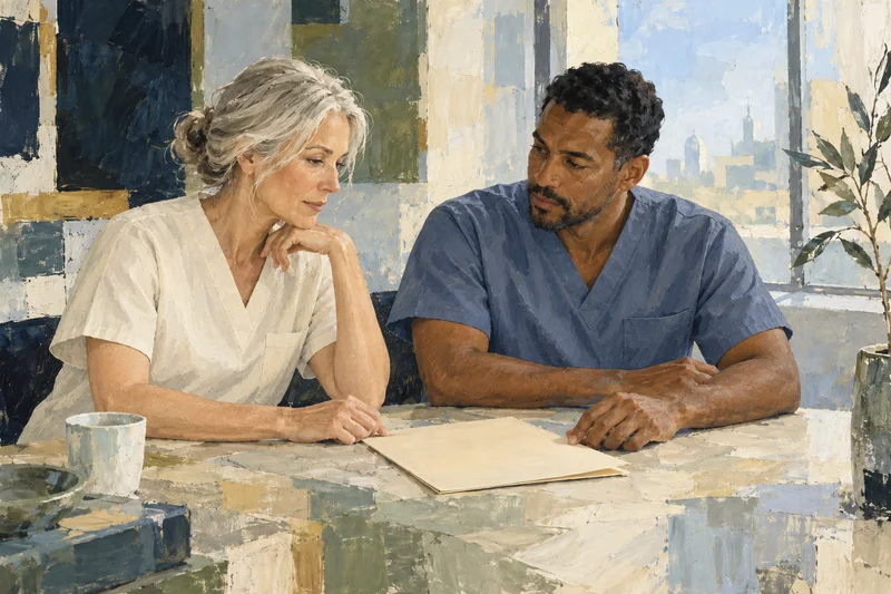 Oil painting of two healthcare colleagues in ivory and blue scrubs thoughtfully reviewing a folder at a sunlit table.