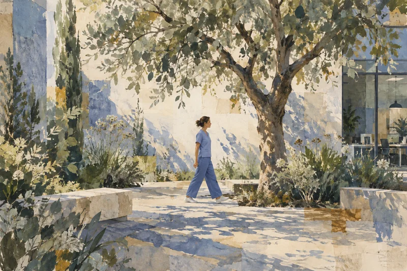 Oil painting of a nurse in blue scrubs taking an unhurried walk beneath a leafy tree, in soft afternoon light.
